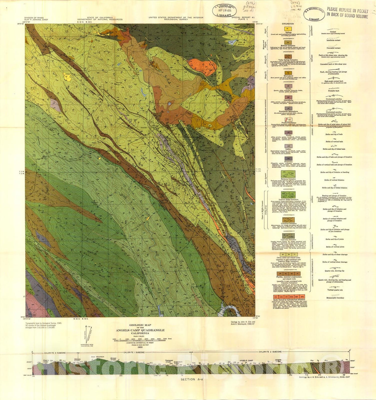Map : Geology and mineral deposits of the Angels Camp and Sonora quadrangles, Calaveras and Tuolumne Counties, California, 1955 Cartography Wall Art :
