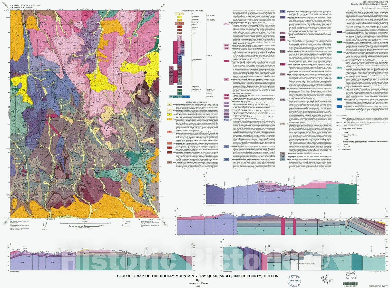 Map : Geologic map of the Dooley Mountain seven 1/2' quadrangle, Baker County, Oregon, 1992 Cartography Wall Art :