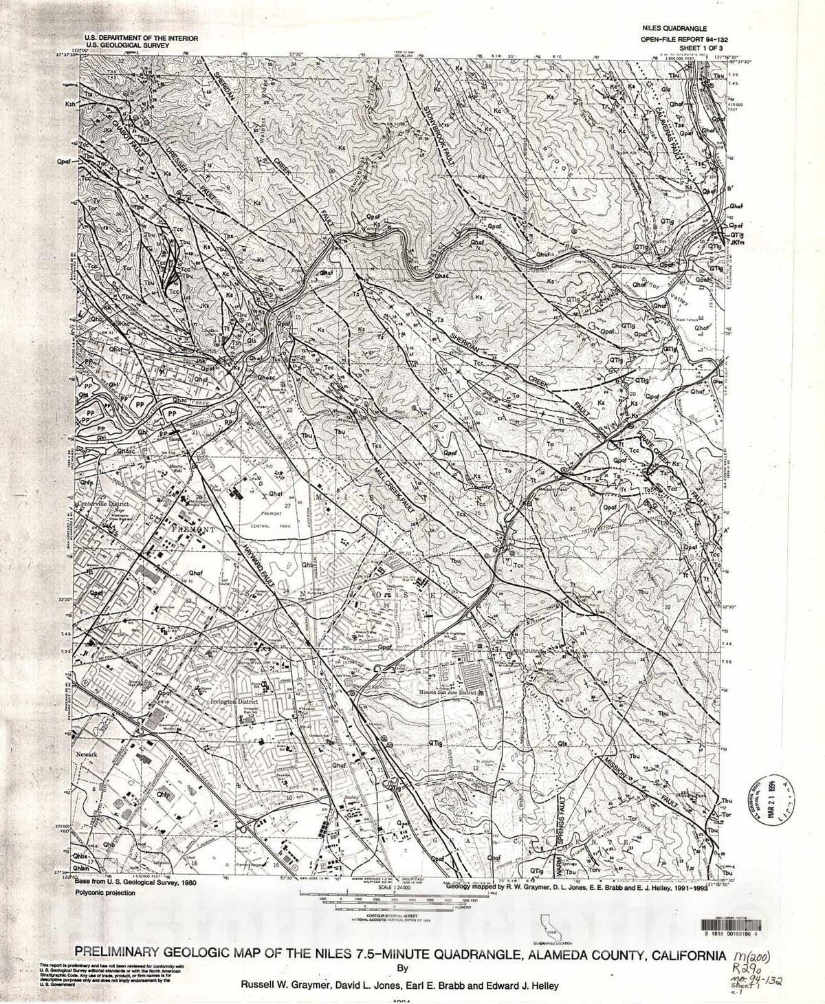 Map : Preliminary geologic map of the Niles 7.5-minute quadrangle, Alameda County, California, 1994 Cartography Wall Art :