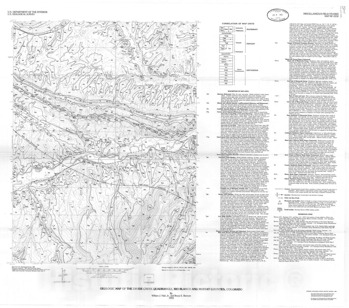 Map : Geologic map of the Divide Creek quadrangle, Rio Blanco and Moffat counties, Colorado, 1993 Cartography Wall Art :