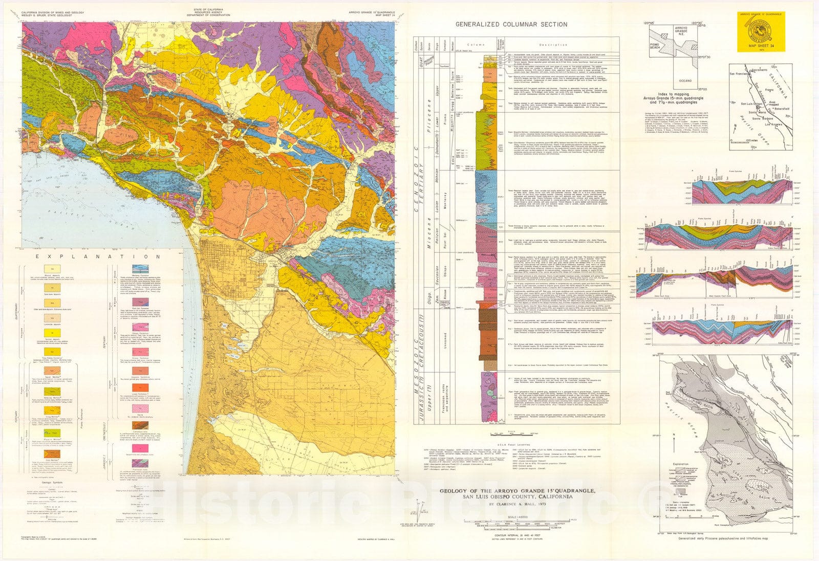 Map : Geology of the Arroyo Grande 15' quadrangle, San Luis Obispo County, California, 1973 Cartography Wall Art :