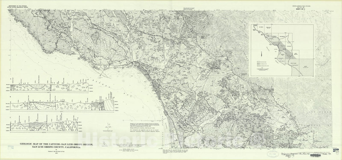 Map : Geologic map of the Cayucos-San Luis Obispo region, San Luis Obispo County, California, 1975 Cartography Wall Art :