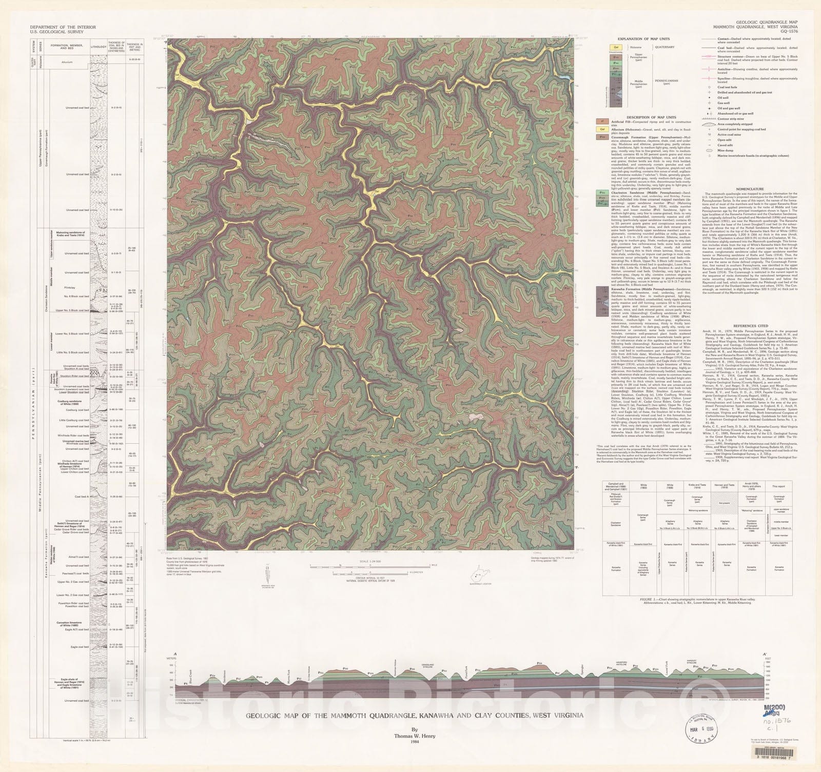 Map : Geologic map of the Mammoth quadrangle, Kanawha and Clay Counties, West Virginia, 1984 Cartography Wall Art :