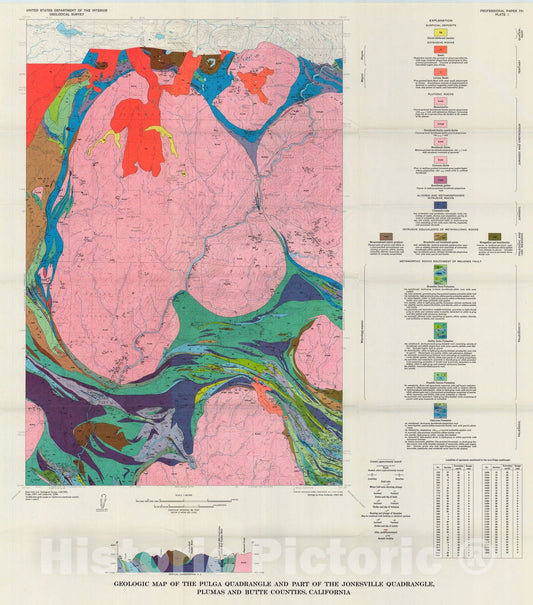 Map : Geology of the Pulga and Bucks Lake quadrangles, Butte and Plumas Counties, California, 1973 Cartography Wall Art :
