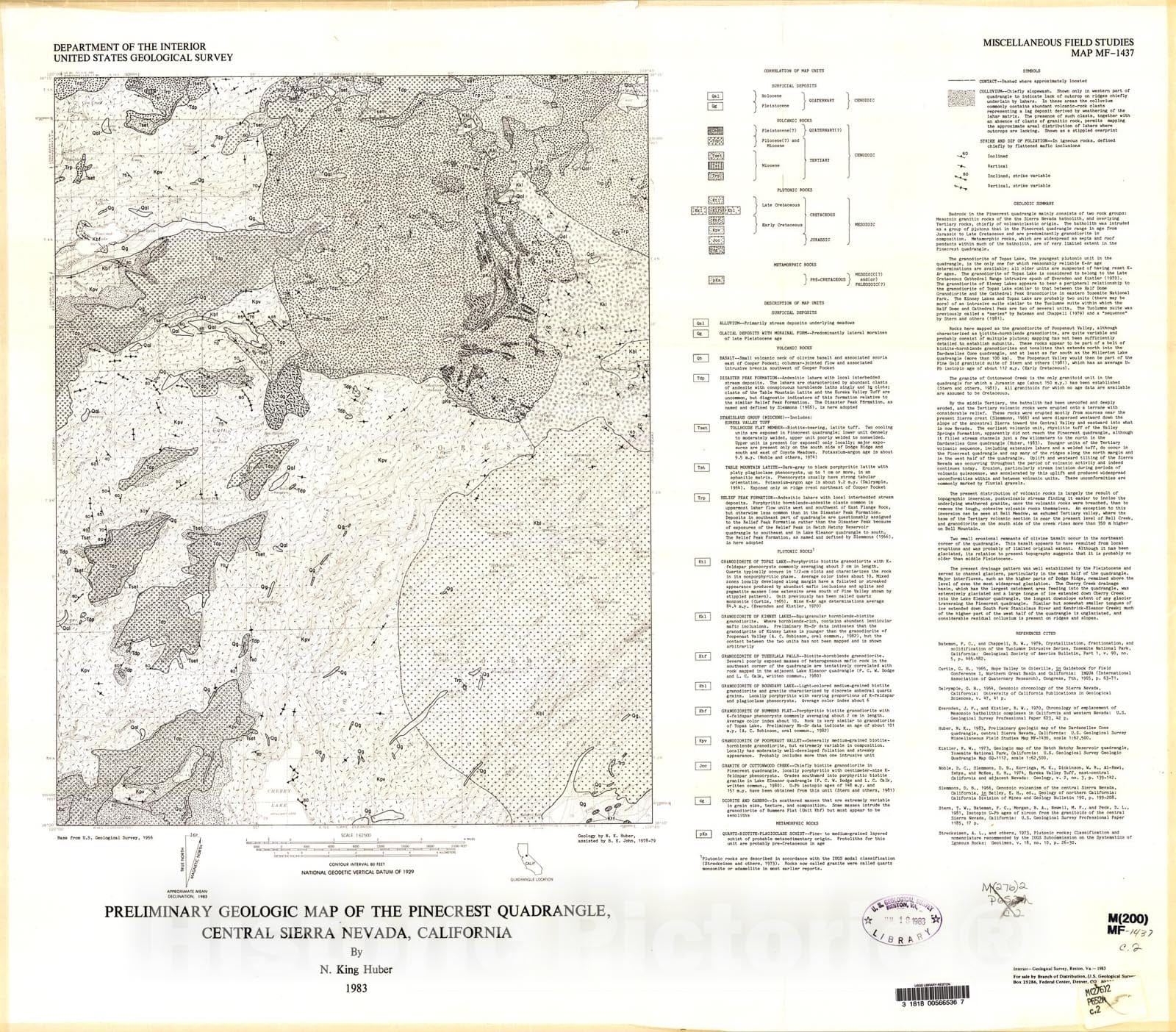 Map : Preliminary geologic map of the Pinecrest quadrangle, central Sierra Nevada, California, 1983 Cartography Wall Art :