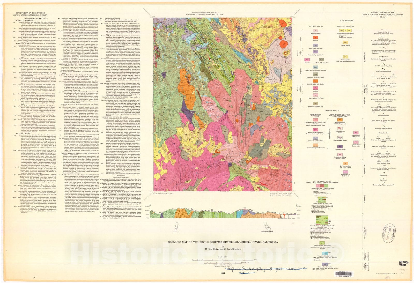 Map : Geologic map of the Devils Postpile quadrangle, Sierra Nevada, California, 1965 Cartography Wall Art :