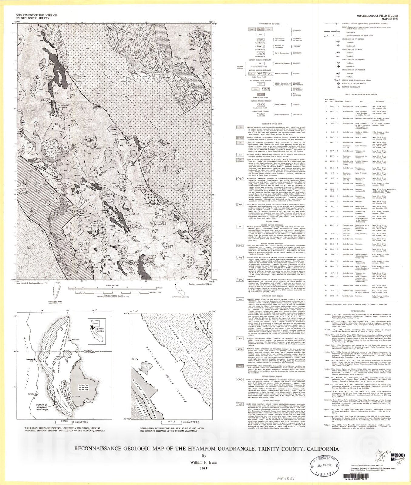 Map : Reconnaissance geologic map of the Hyampom quadrangle, Trinity County, California, 1985 Cartography Wall Art :