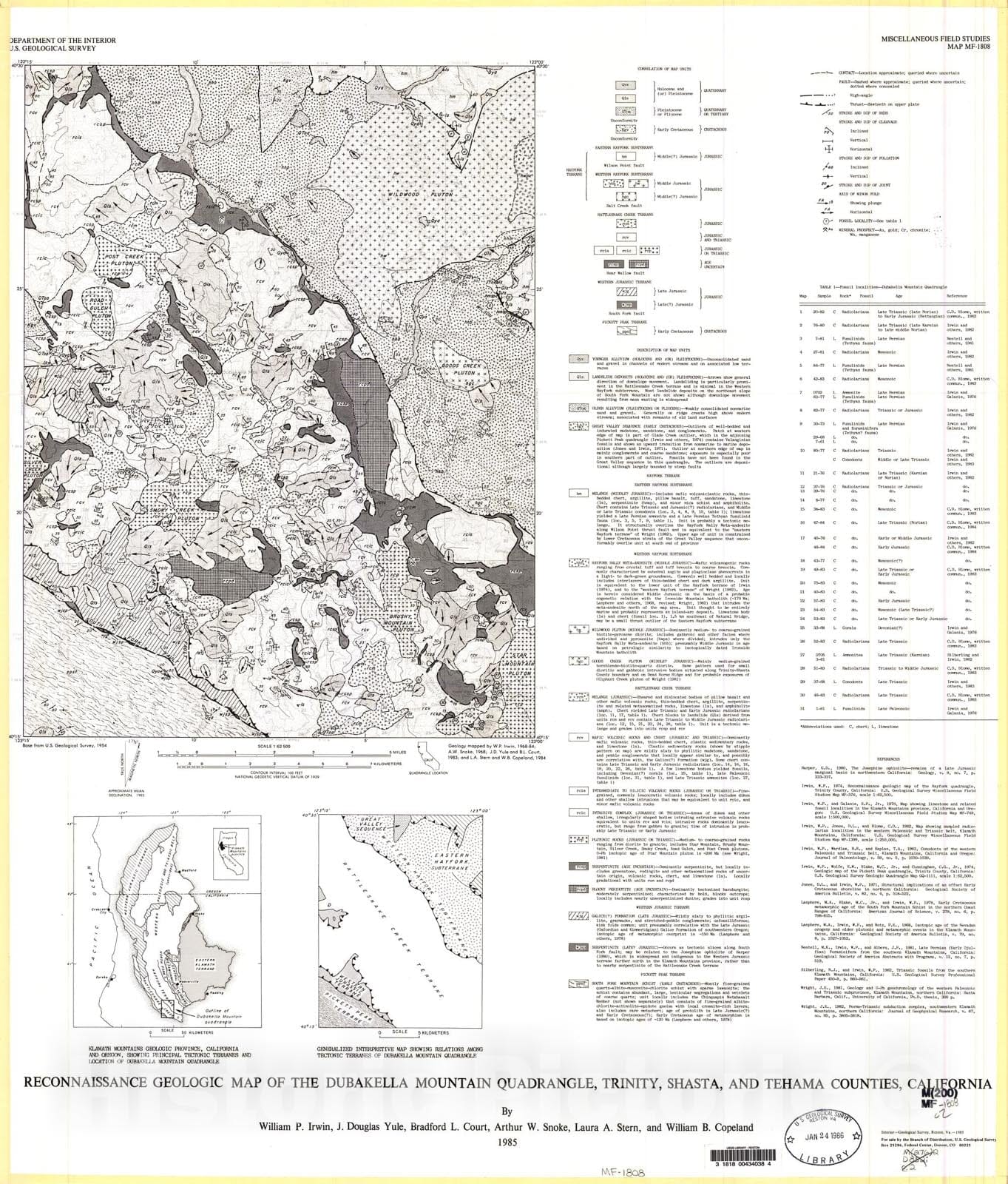 Map : Reconnaissance geologic map of the Dubakella Mountain quadrangle, Trinity, Shasta, and Tehama Counties, California, 1985 Cartography Wall Art :