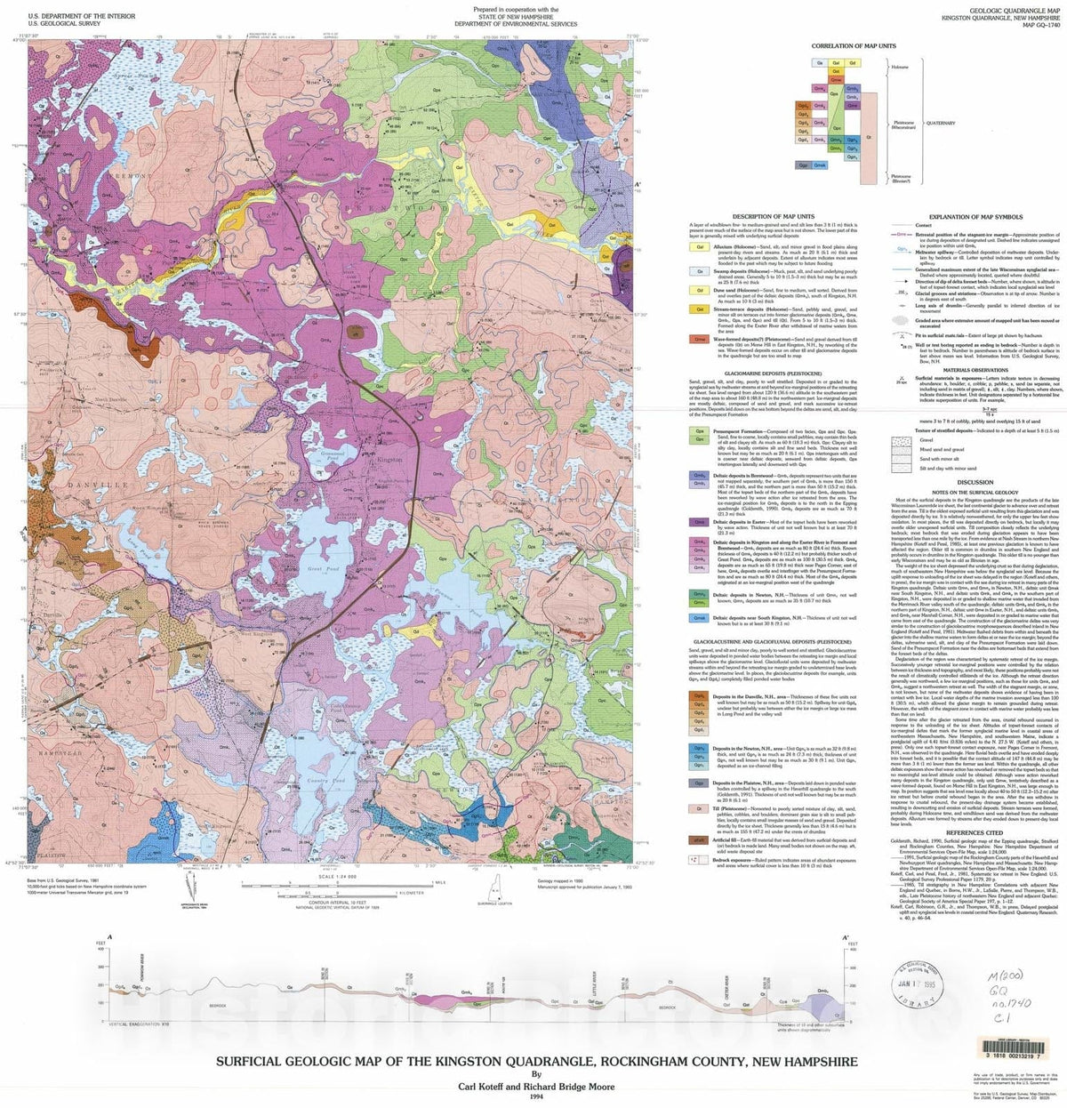 Map : Surficial geologic map of the Kingston quadrangle, Rockingham County, New Hampshire, 1994 Cartography Wall Art :