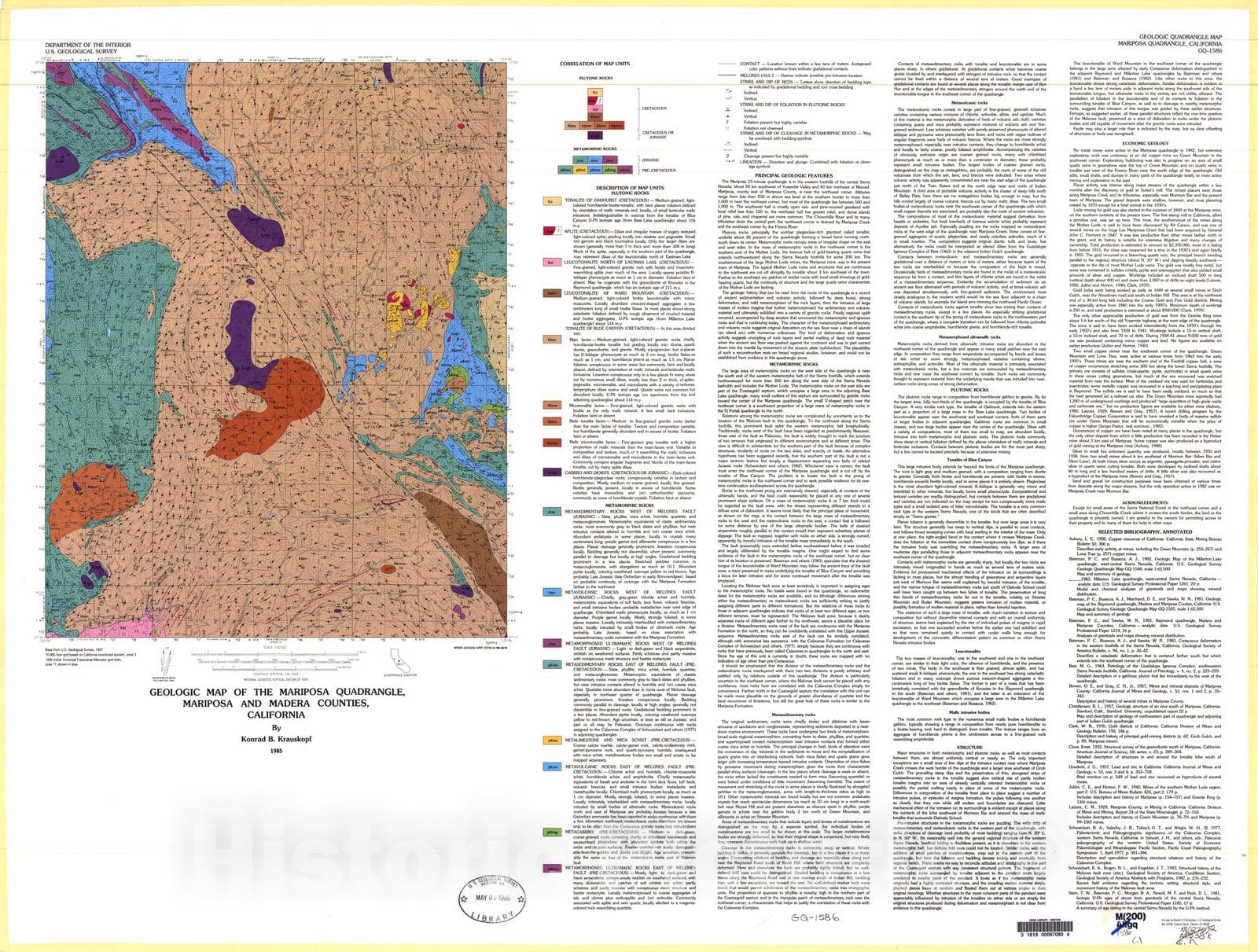 Map : Geologic map of the Mariposa quadrangle, Mariposa and Madera Counties, California, 1985 Cartography Wall Art :
