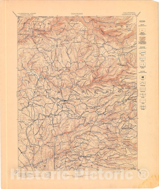 Map : Placerville folio, California, 1894 Cartography Wall Art :