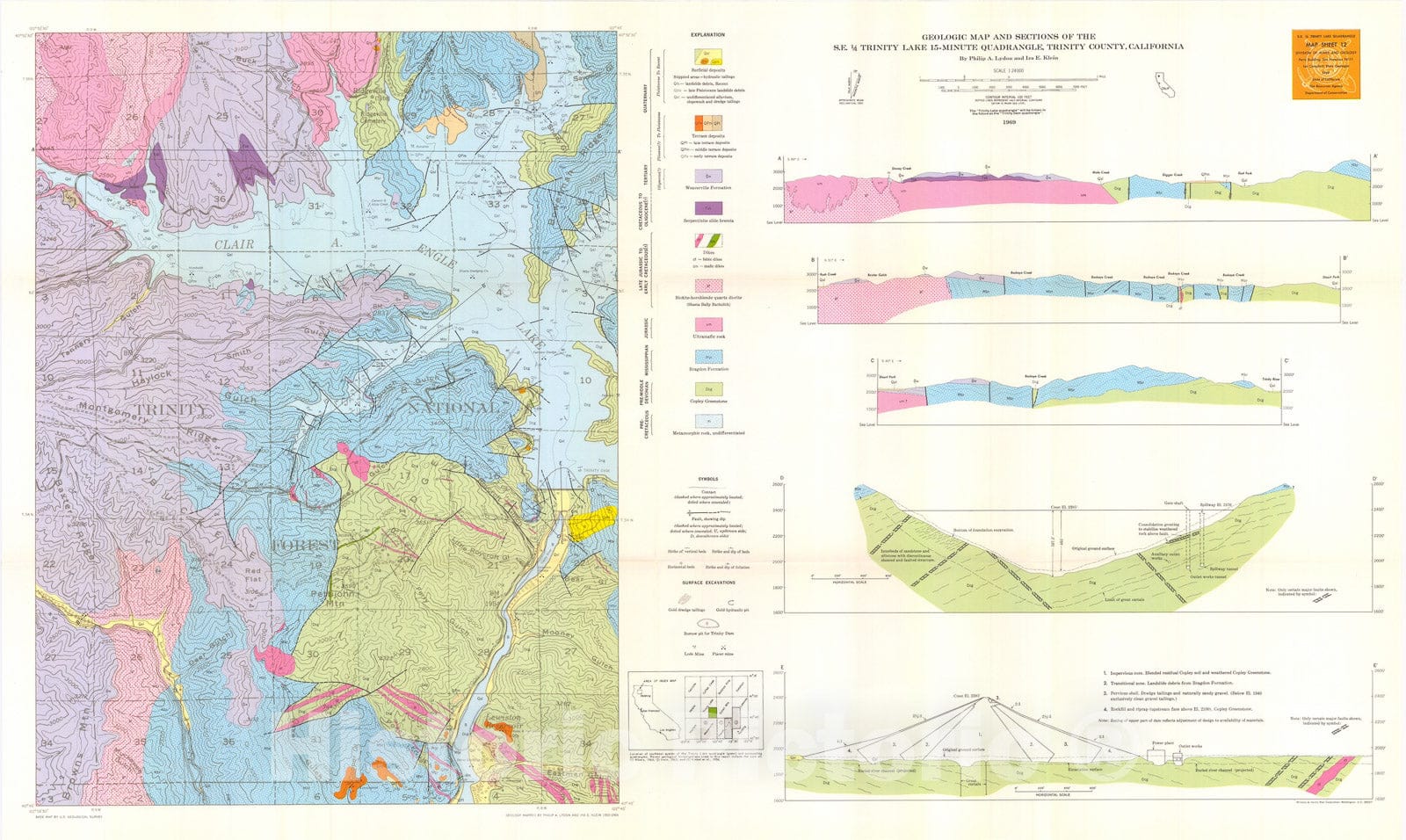 Map : Geology of the southeast quarter of the Trinity Lake quadrangle, Trinity County, California, 1969 Cartography Wall Art :