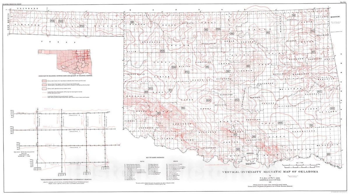 Map : Vertical-intensity magnetic map and Bouguer gravity-anomaly map of Oklahoma, 1964 Cartography Wall Art :