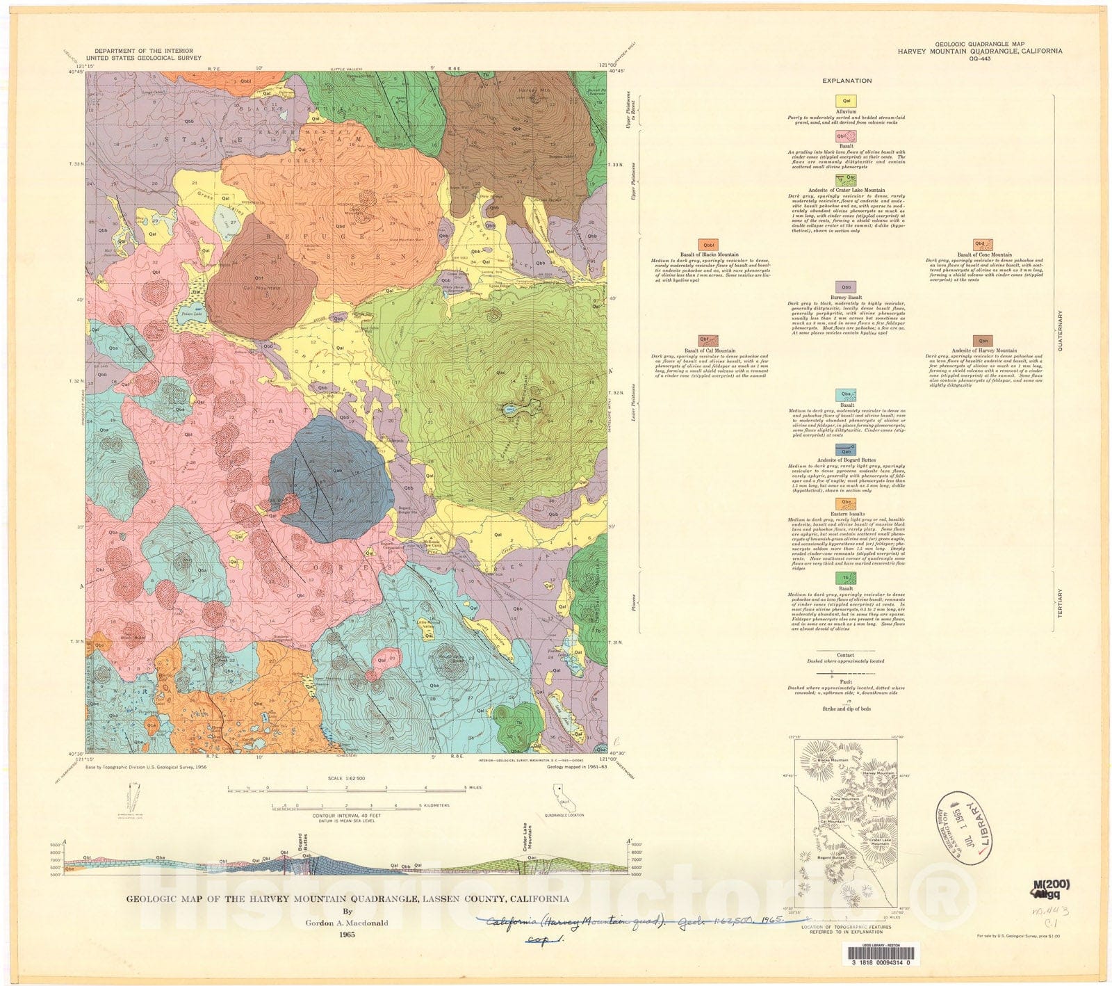 Map : Geologic map of the Harvey Mountain quadrangle, Lassen County, California, 1965 Cartography Wall Art :