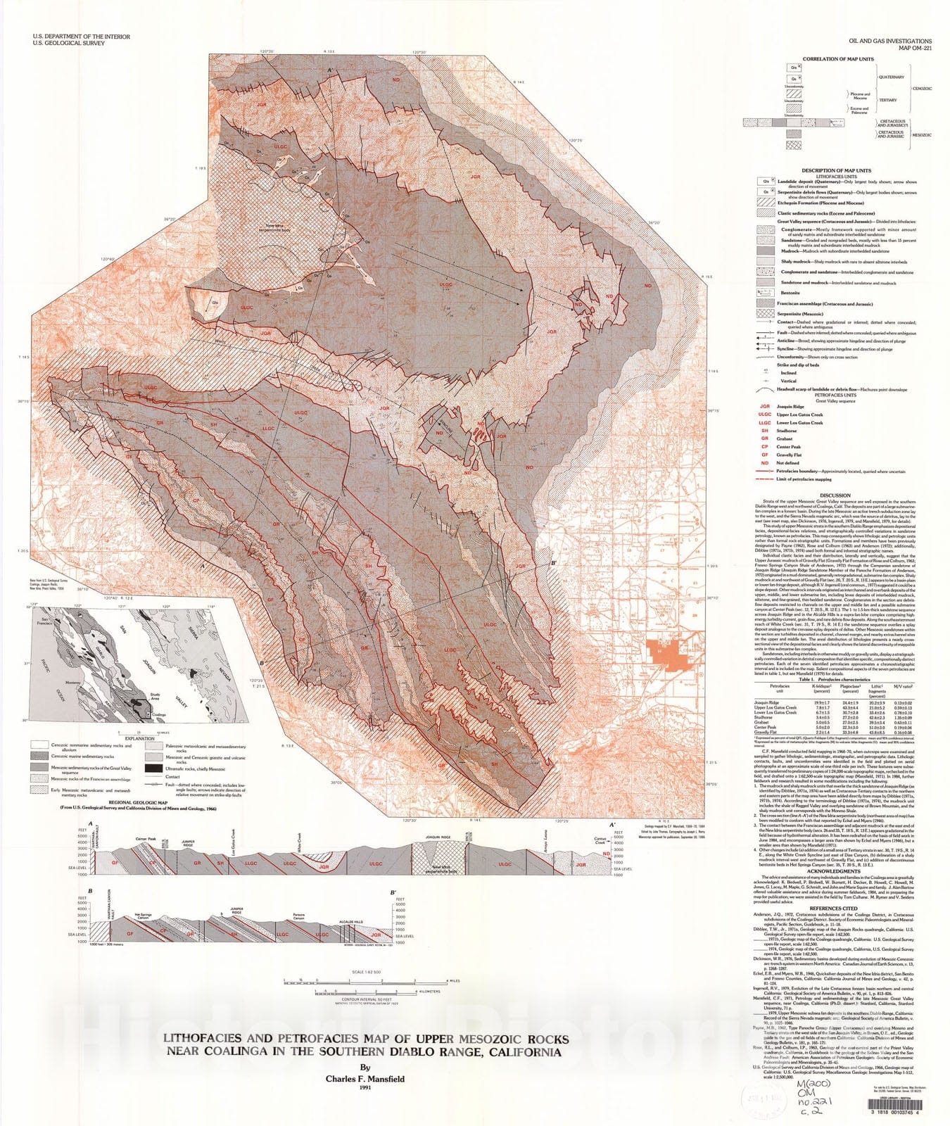 Map : Lithofacies and petrofacies map of Upper Mesozoic rocks near Coalinga in the southern Diablo Range, California, 1991 Cartography Wall Art :