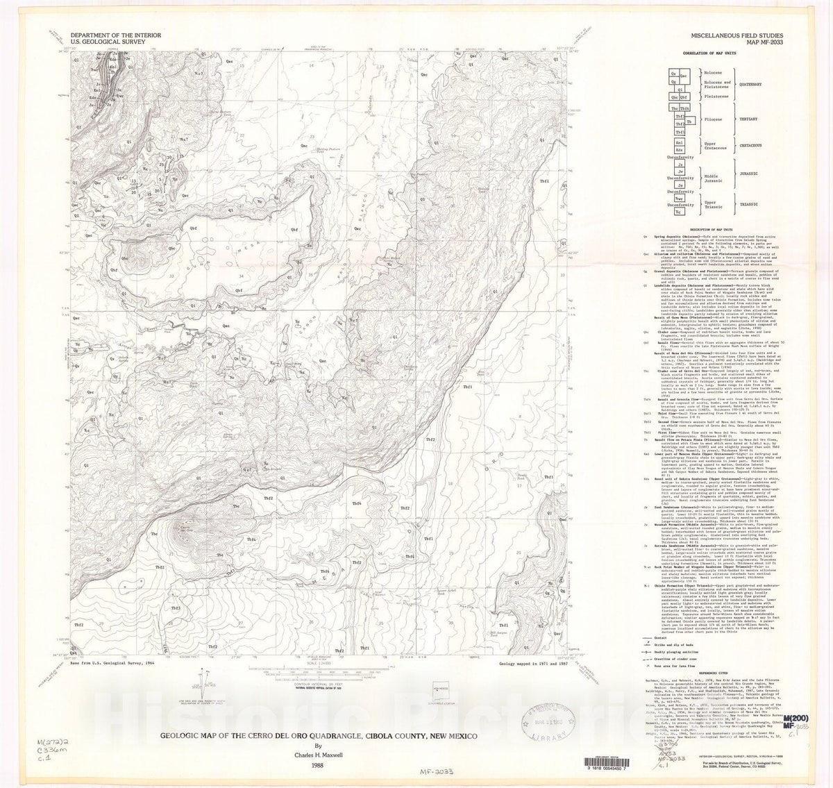 Map : Geologic map of the Cerro del Oro quadrangle, Cibola County, New Mexico, 1988 Cartography Wall Art :