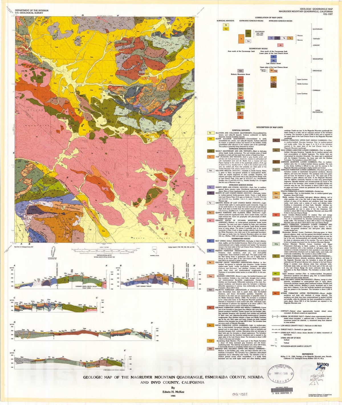 Map : Geologic map of the Magruder Mountain quadrangle, Esmeralda County, Nevada, and Inyo County, California, 1985 Cartography Wall Art :