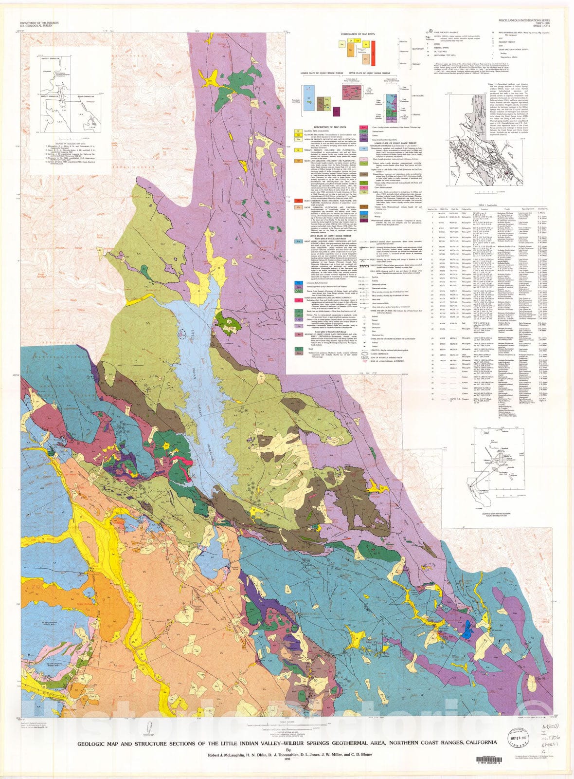 Map : Geologic map and structure sections of the Little Indian Valley-Wilbur Springs geothermal area, northern Coast Ranges, California, 1989 Cartography Wall Art :