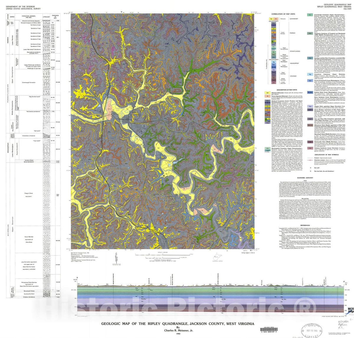 Map : Geologic map of the Ripley quadrangle, Jackson County, West Virginia, 1983 Cartography Wall Art :