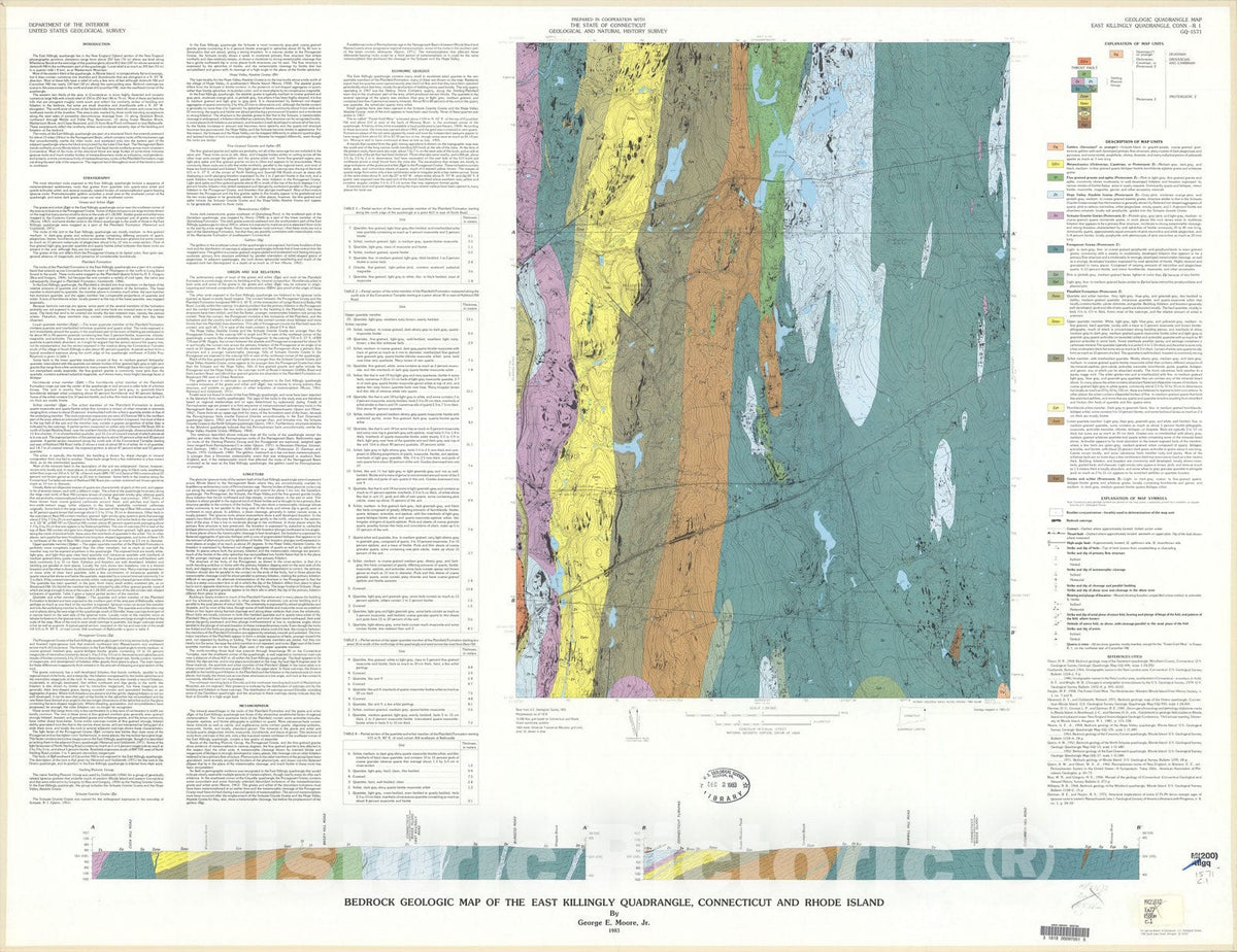 Map : Bedrock geologic map of the East Killingly quadrangle, Connecticut and Rhode Island, 1983 Cartography Wall Art :