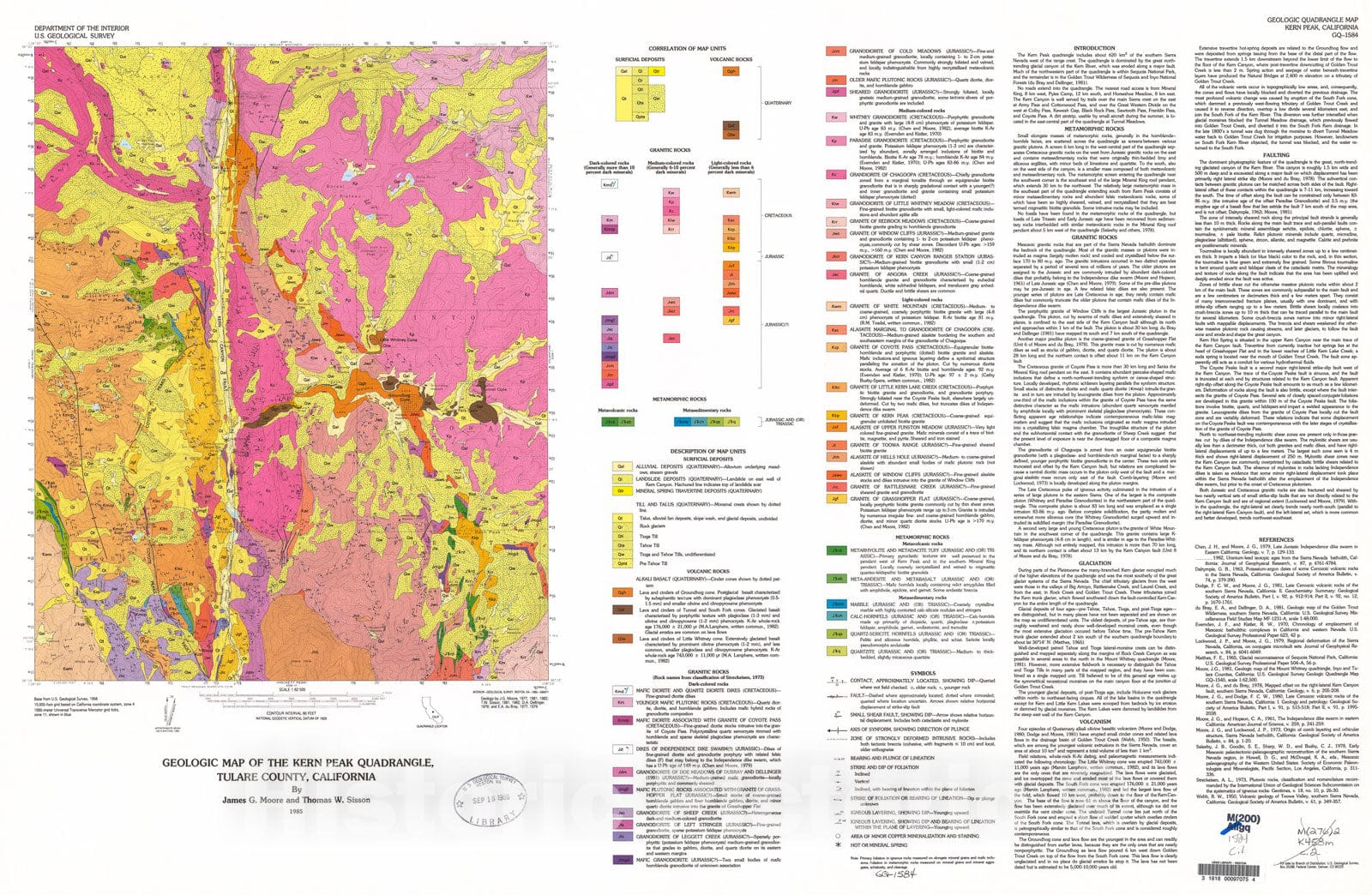 Map : Geologic map of the Kern Peak quadrangle, Tulare County, California, 1985 Cartography Wall Art :