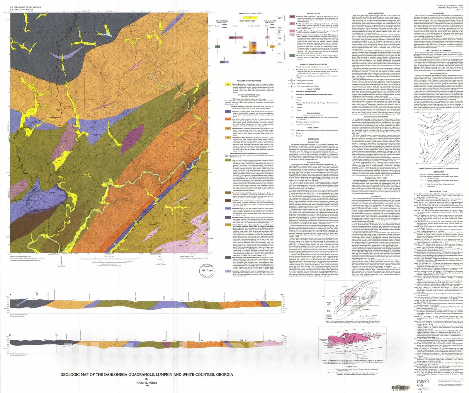 Map : Geologic map of the Dahlonega quadrangle, Lumpkin and White Counties, Georgia, 1992 Cartography Wall Art :