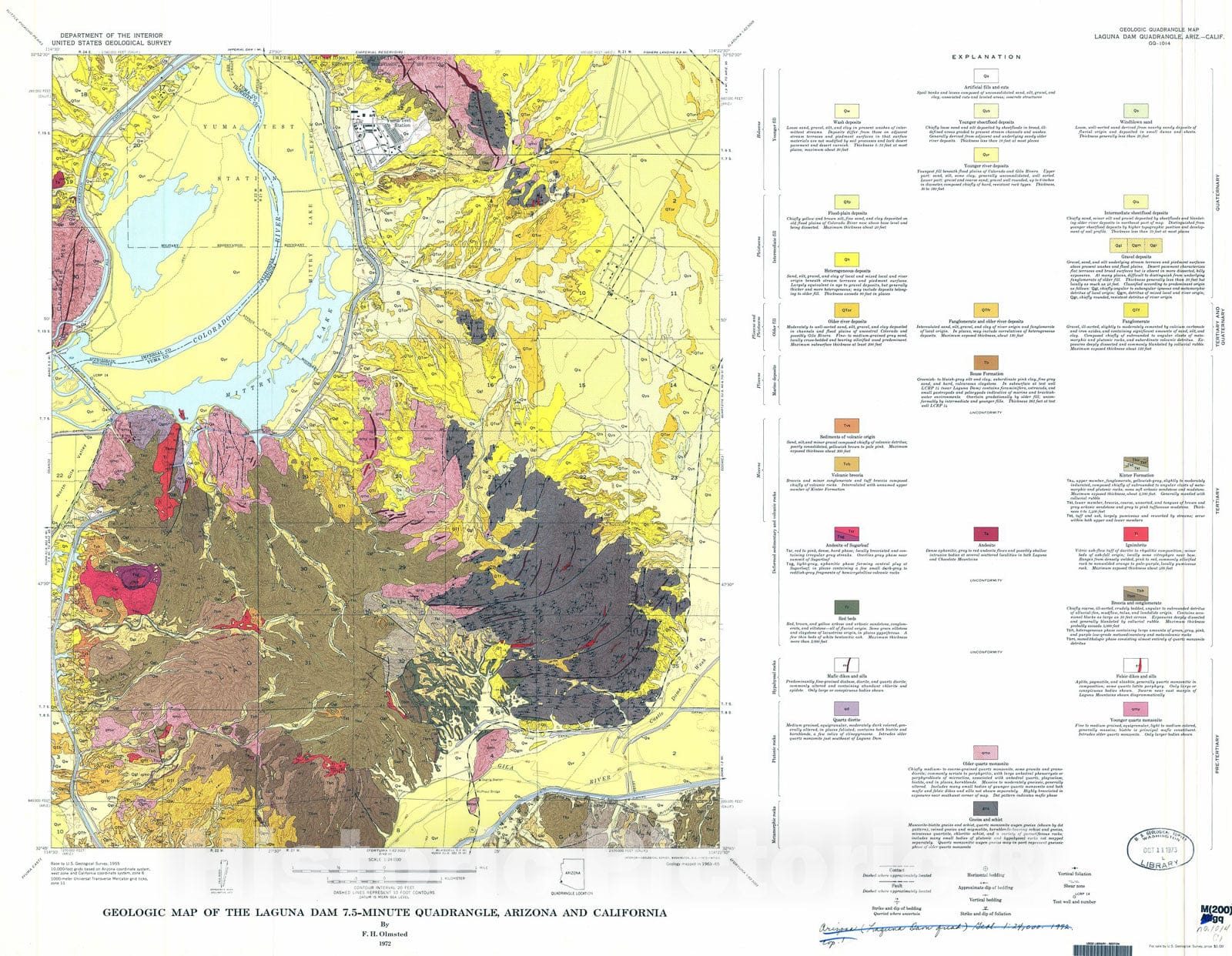 Map : Geologic map of the Laguna Dam 7.5-minute quadrangle, Arizona and California, 1972 Cartography Wall Art :