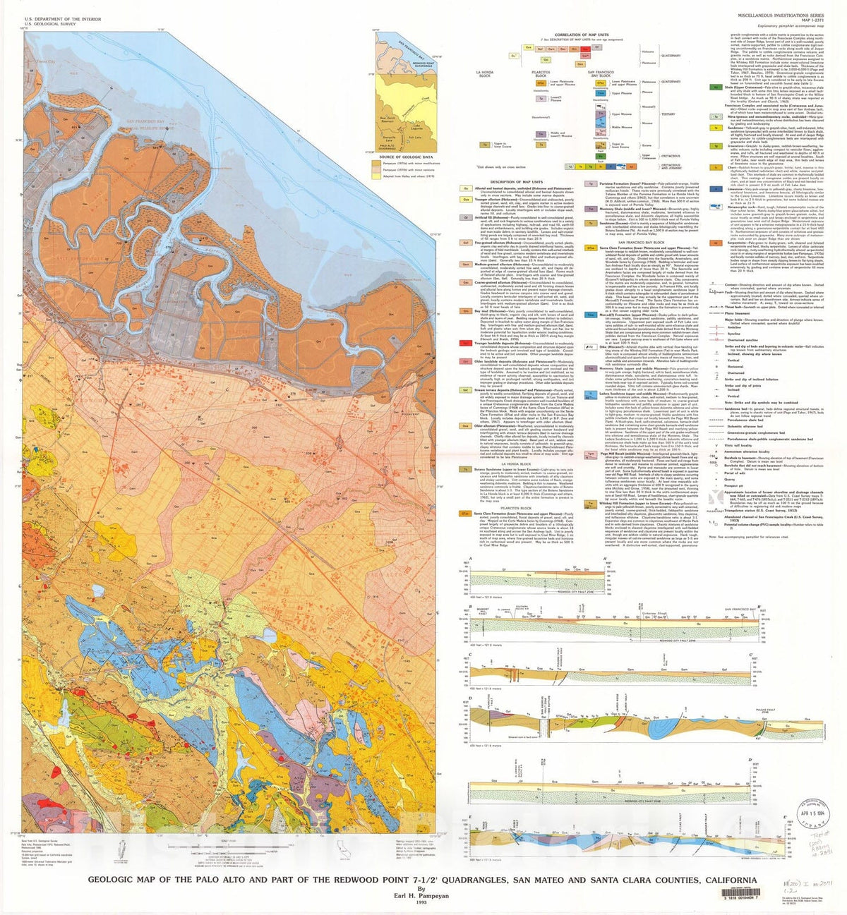 Map : Geologic map of the Palo Alto and part of the Redwood Point 7.5-minute quadrangles, San Mateo and Santa Clara Counties, California, 1993 Cartography Wall Art :
