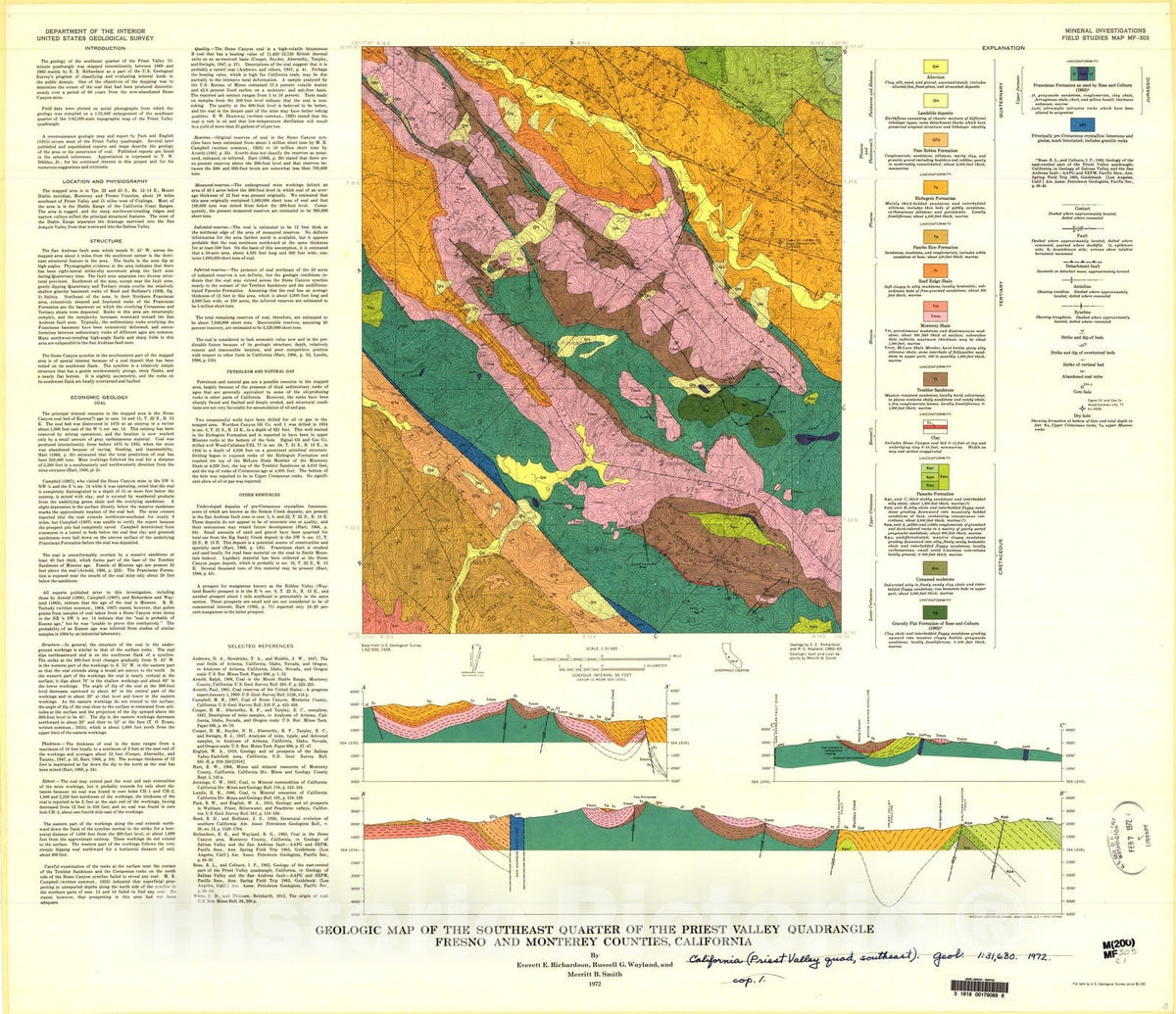 Map : Geologic map of the southeast quarter of the Priest Valley quadrangle, Fresno and Monterey Counties, California, 1972 Cartography Wall Art :