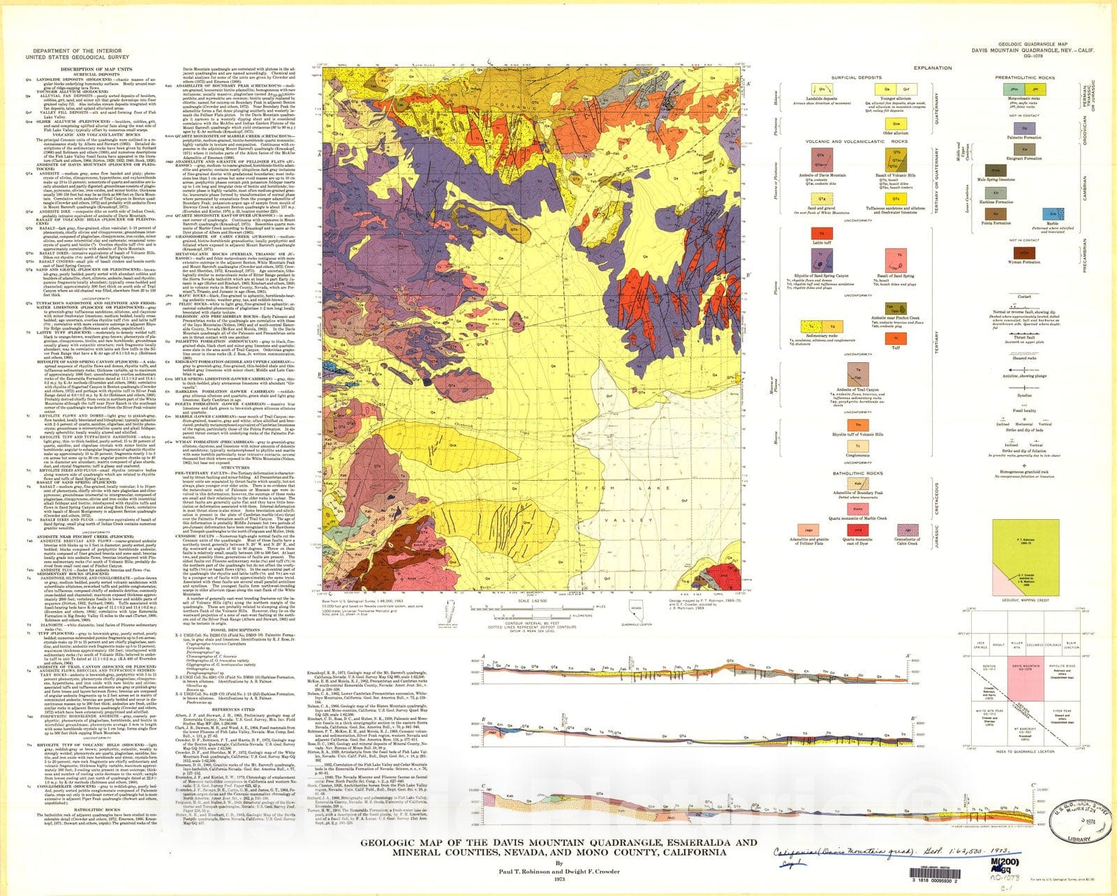 Map : Geologic map of the Davis Mountain quadrangle, Esmeralda and Mineral Counties, Nevada, and Mono County, California, 1973 Cartography Wall Art :
