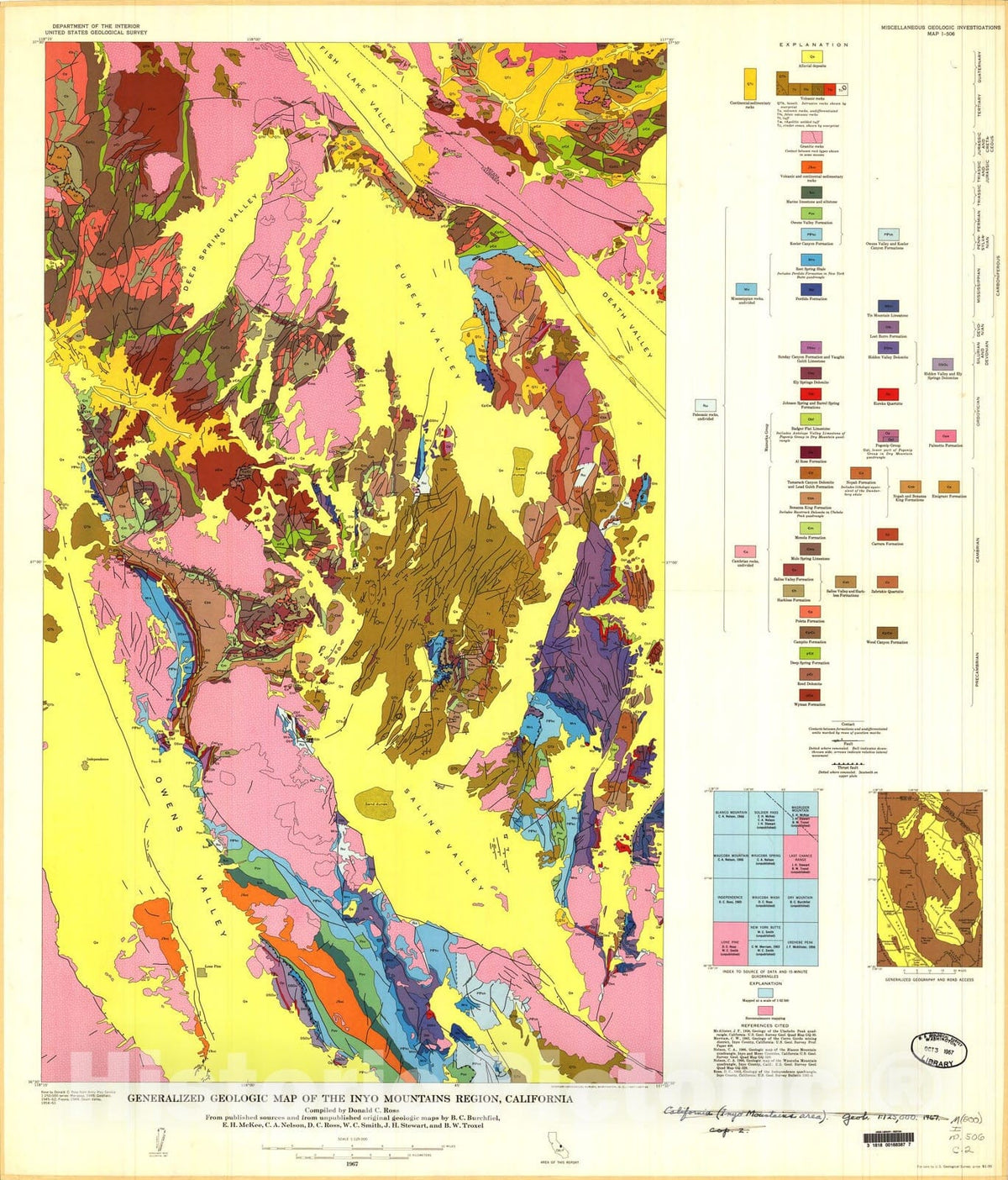 Map : Generalized geologic map of the Inyo Mountains region, California, 1967 Cartography Wall Art :