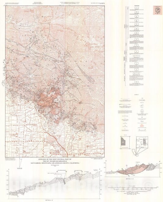 Map : Geology of the west central part of the Mt. Wilson quadrangle, San Gabriel Mountains, Los Angeles County, California, 1976 Cartography Wall Art :
