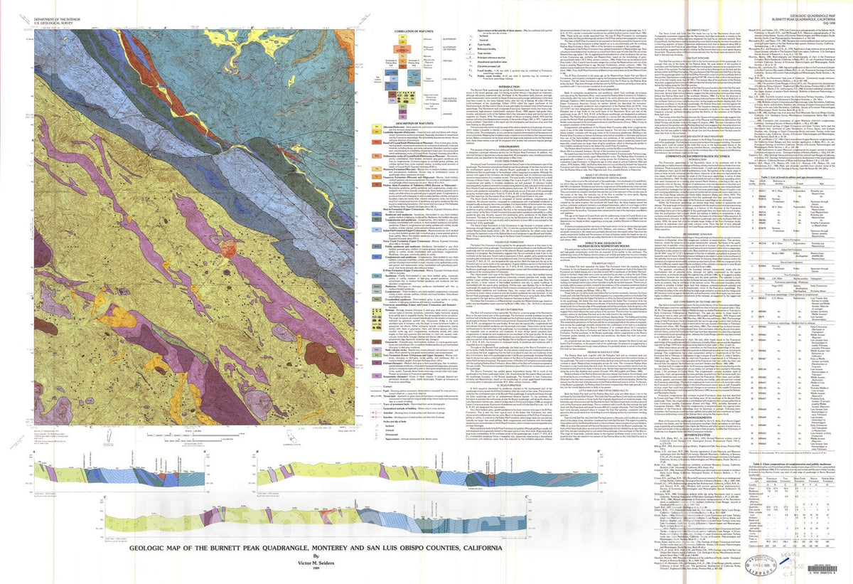 Map : Geologic map of the Burnett Peak quadrangle, Monterey and San Luis Obispo Counties, California, 1989 Cartography Wall Art :