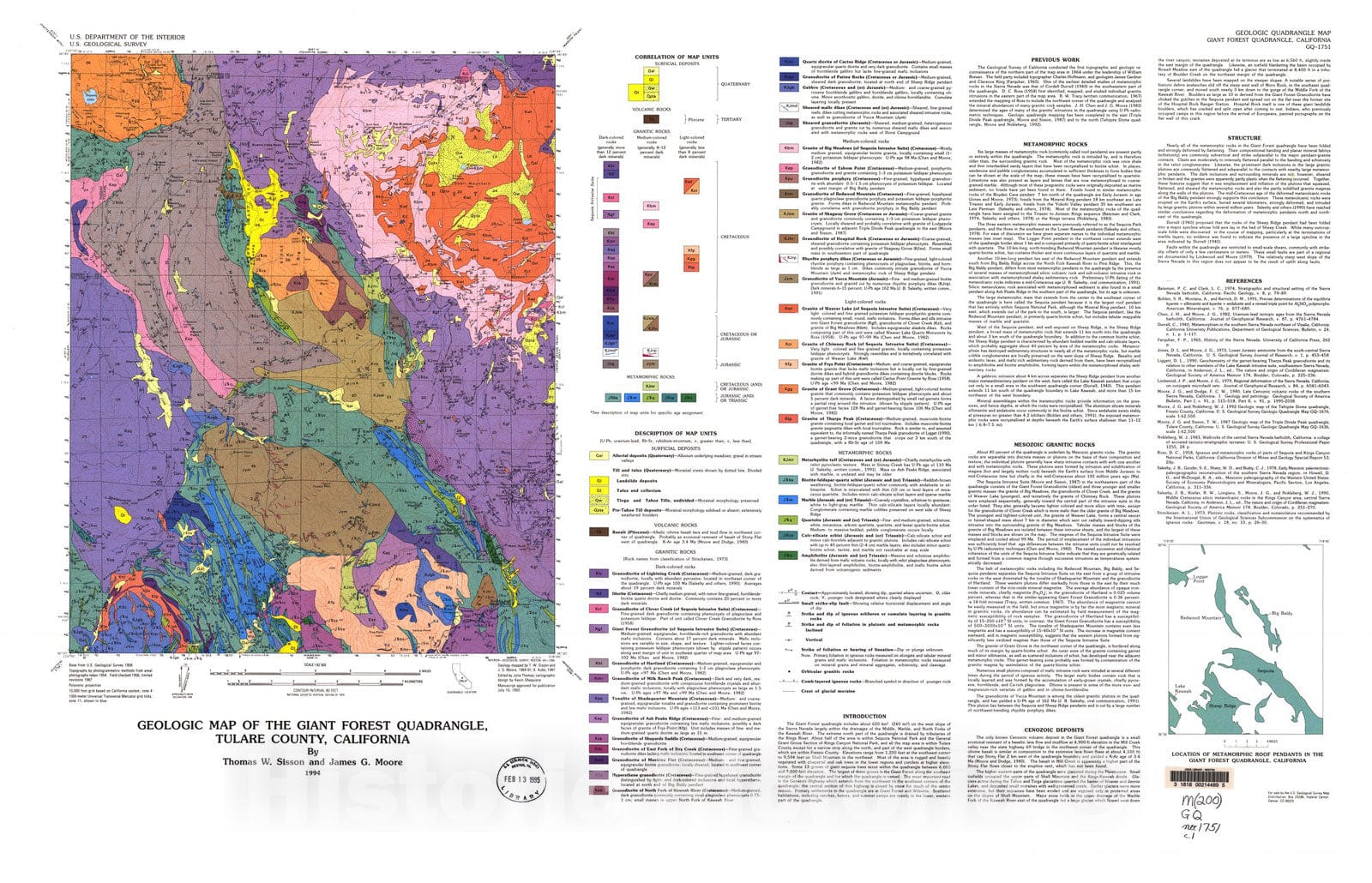 Map : Geologic map of the Giant Forest quadrangle, Tulare County, California, 1994 Cartography Wall Art :