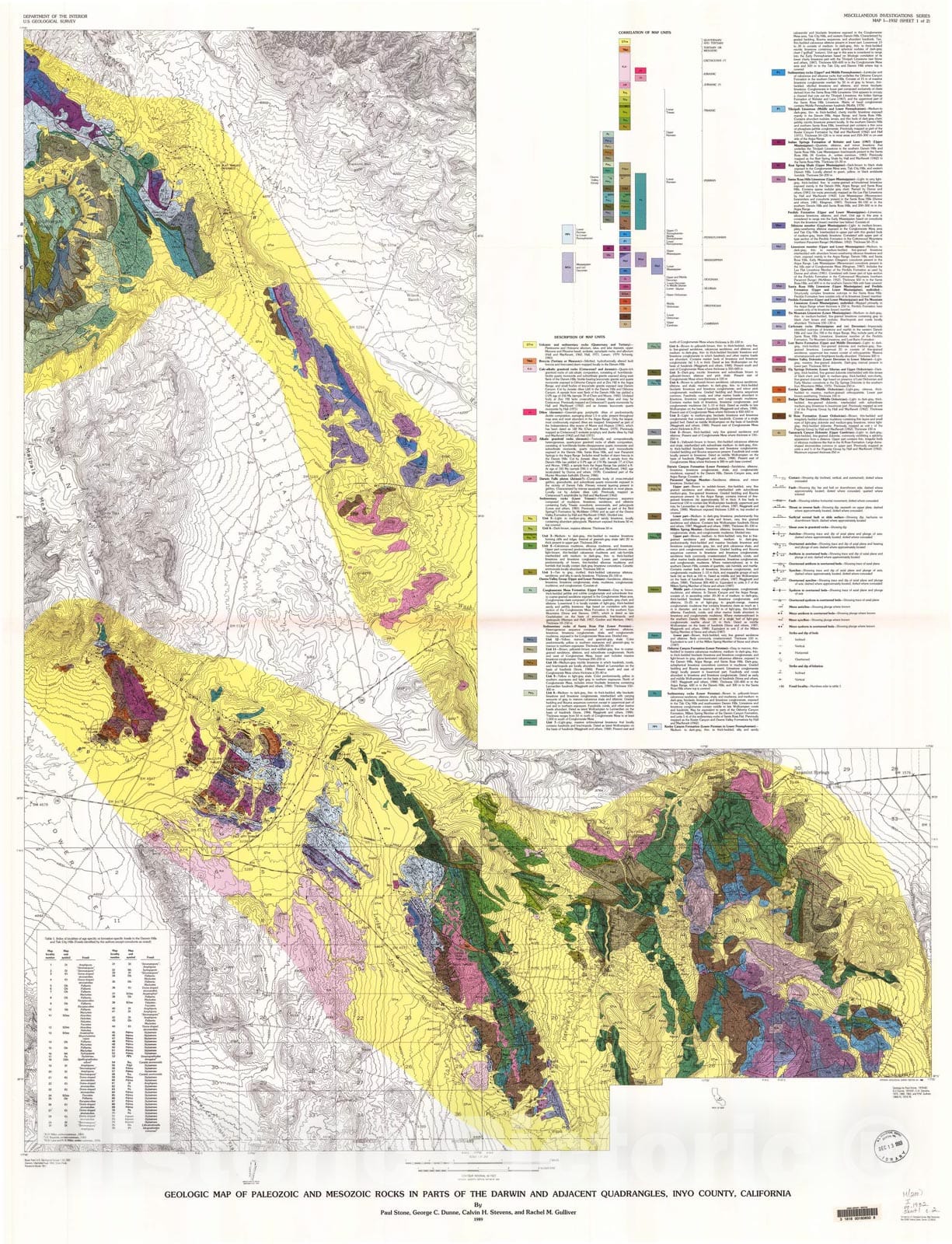Map : Geologic map of Paleozoic and Mesozoic rocks in parts of the Darwin and adjacent quadrangles, Inyo County, California, 1989 Cartography Wall Art :