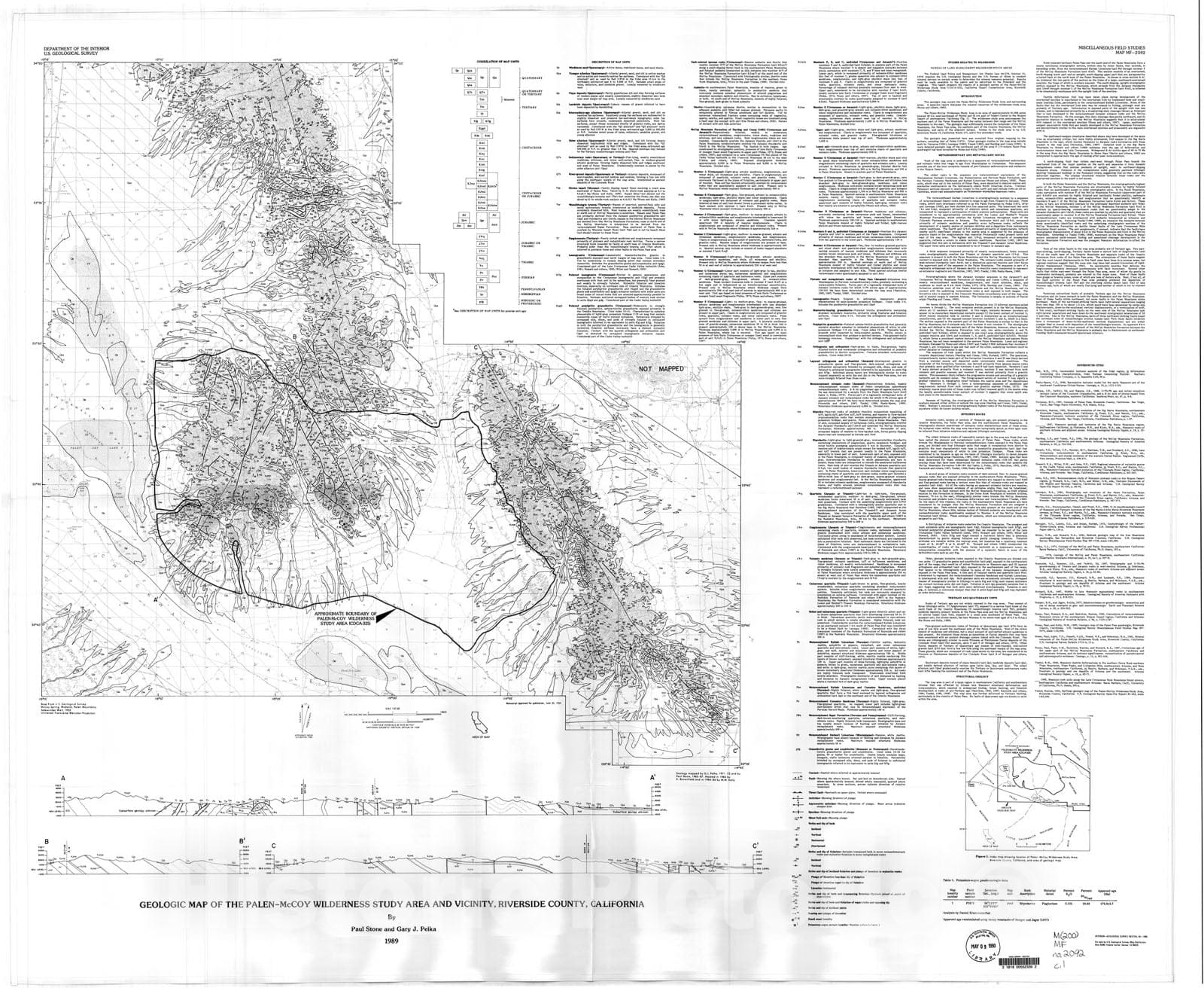 Map : Geologic map of the Palen-McCoy Wilderness study area and vicinity, Riverside County, California, 1989 Cartography Wall Art :