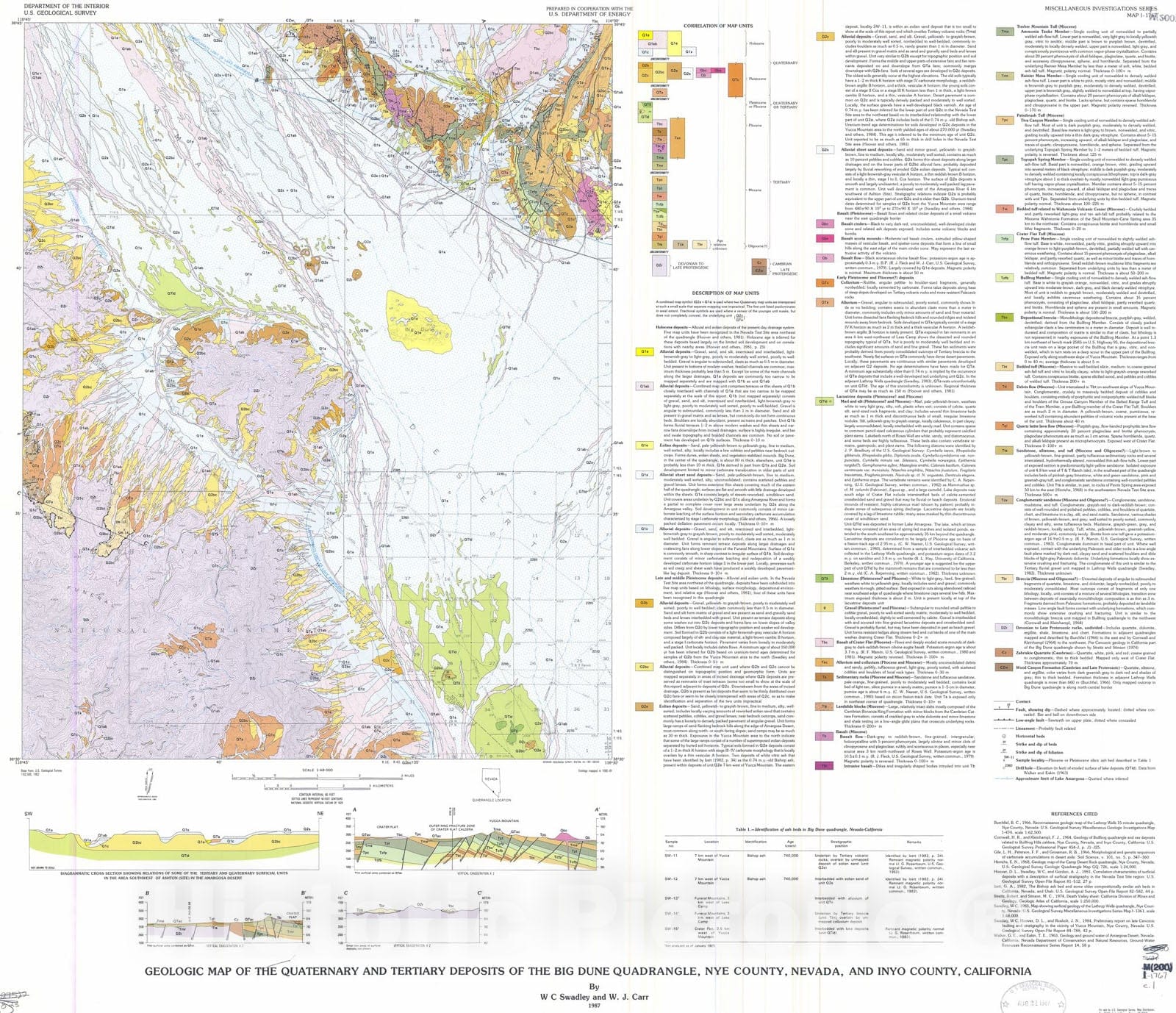 Map : Geologic map of the Quaternary and Tertiary deposits of the Big Dune quadrangle, Nye County, Nevada, and Inyo County, California, 1987 Cartography Wall Art :
