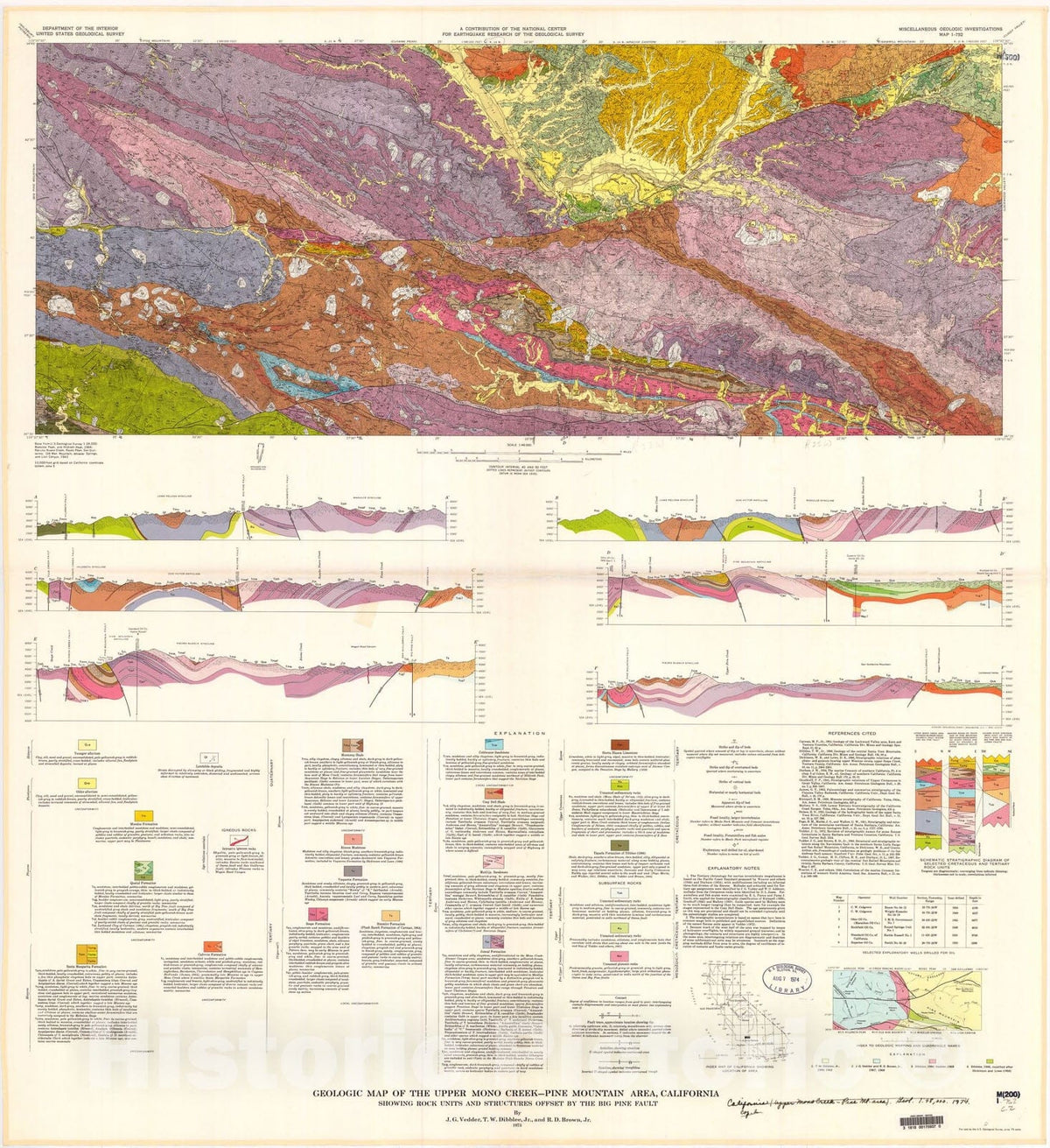 Map : Geologic map of the upper Mono Creek-Pine Mountain area, California showing rock units and structures offset by the Big Pine fault, 1973 Cartography Wall Art :