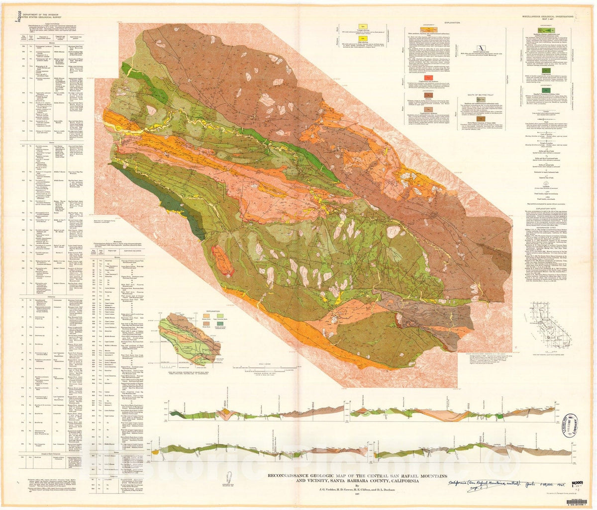 Map : Reconnaissance geologic map of the central San Rafael Mountains and vicinity, Santa Barbara County, California, 1967 Cartography Wall Art :
