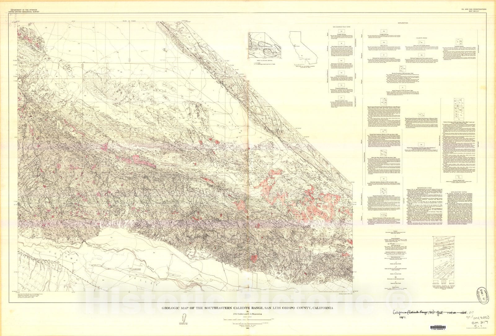 Map : Geologic map of the southeastern Caliente Range, San Luis Obispo County, California, 1965 Cartography Wall Art :