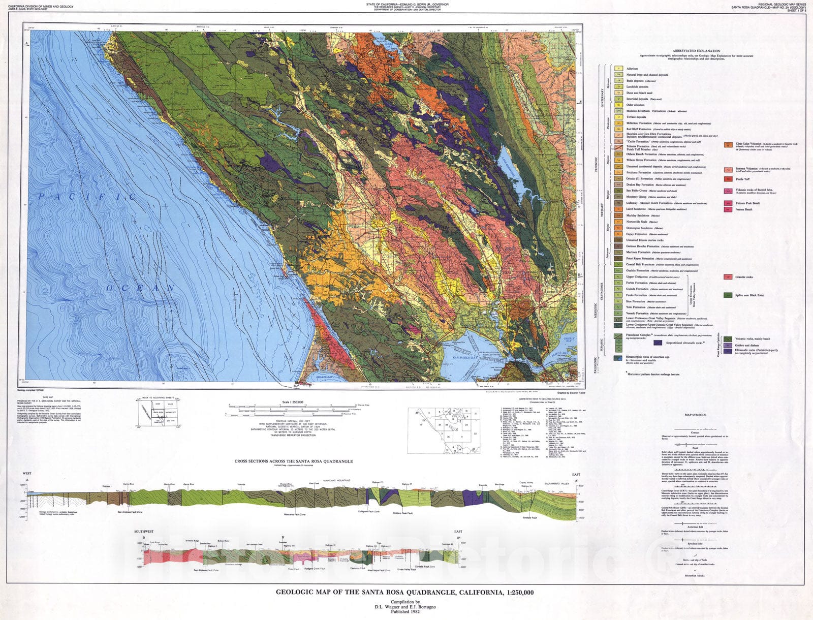 Map : Geologic map of the Santa Rosa quadrangle, California, 1:250,000, 1982 Cartography Wall Art :