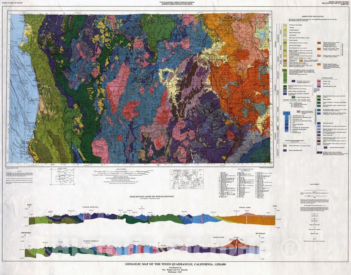 Map : Geologic map of the Weed quadrangle, California, 1:250,000, 1987 Cartography Wall Art :