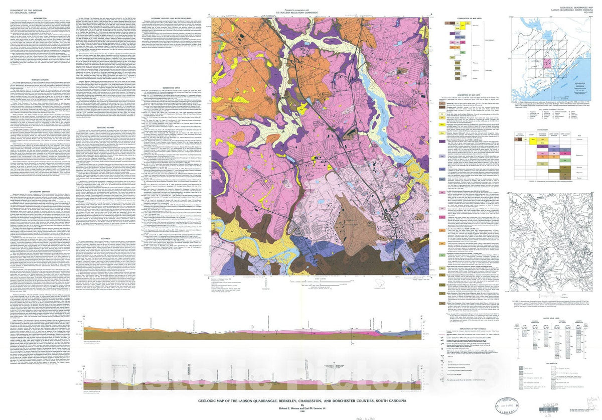 Map : Geologic map of the Ladson quadrangle, Berkeley, Charleston, and Dorchester Counties, South Carolina, 1988 Cartography Wall Art :