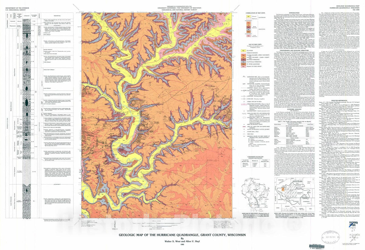 Map : Geologic map of the Hurricane quadrangle, Grant County, Wisconsin, 1985 Cartography Wall Art :