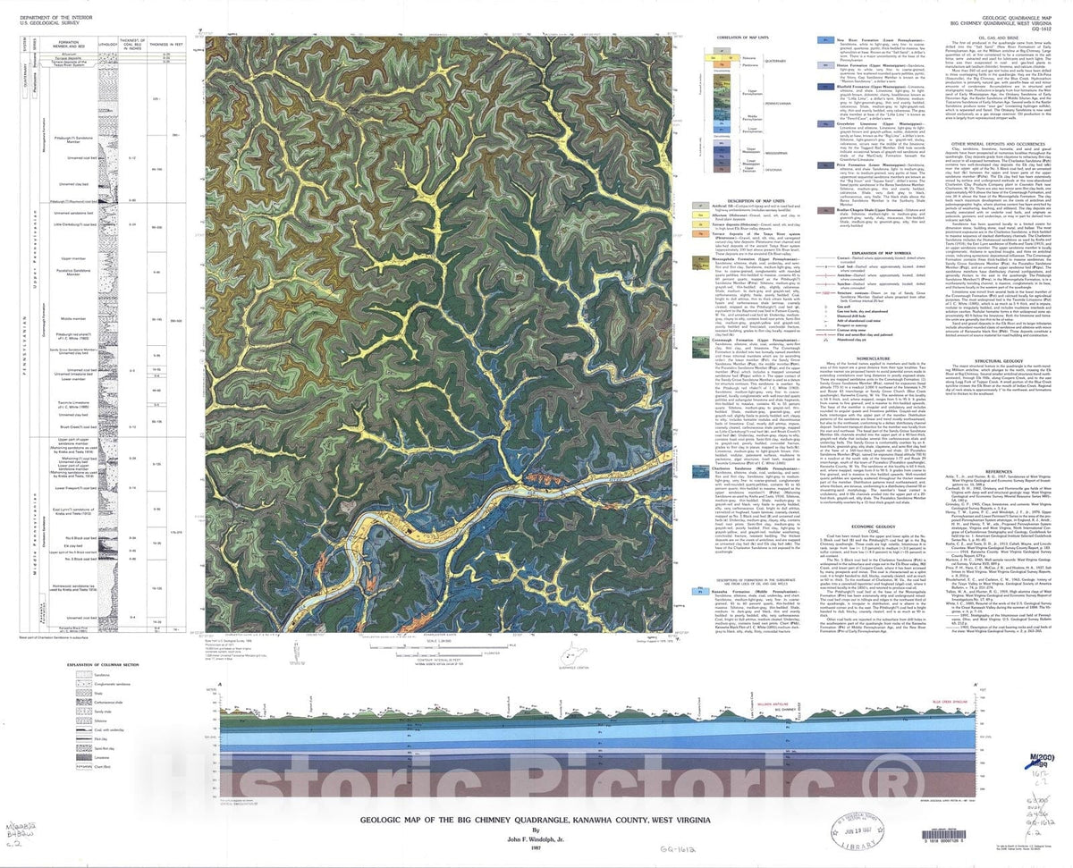 Map : Geologic map of the Big Chimney quadrangle, Kanawha County, West Virginia, 1987 Cartography Wall Art :