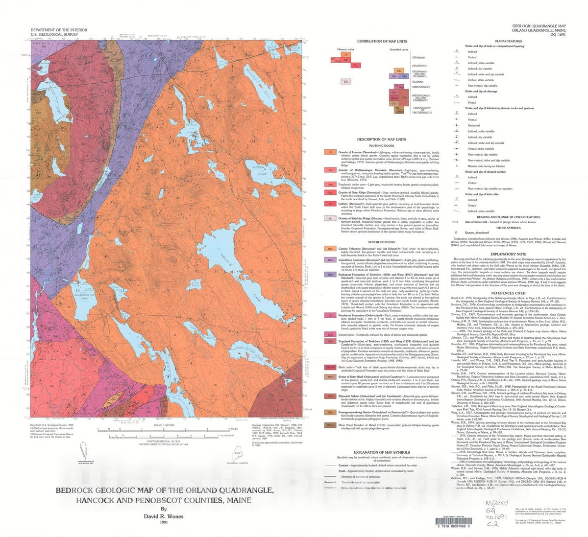 Map : Bedrock geologic map of the Orland quadrangle, Hancock and Penobscot Counties, Maine, 1991 Cartography Wall Art :