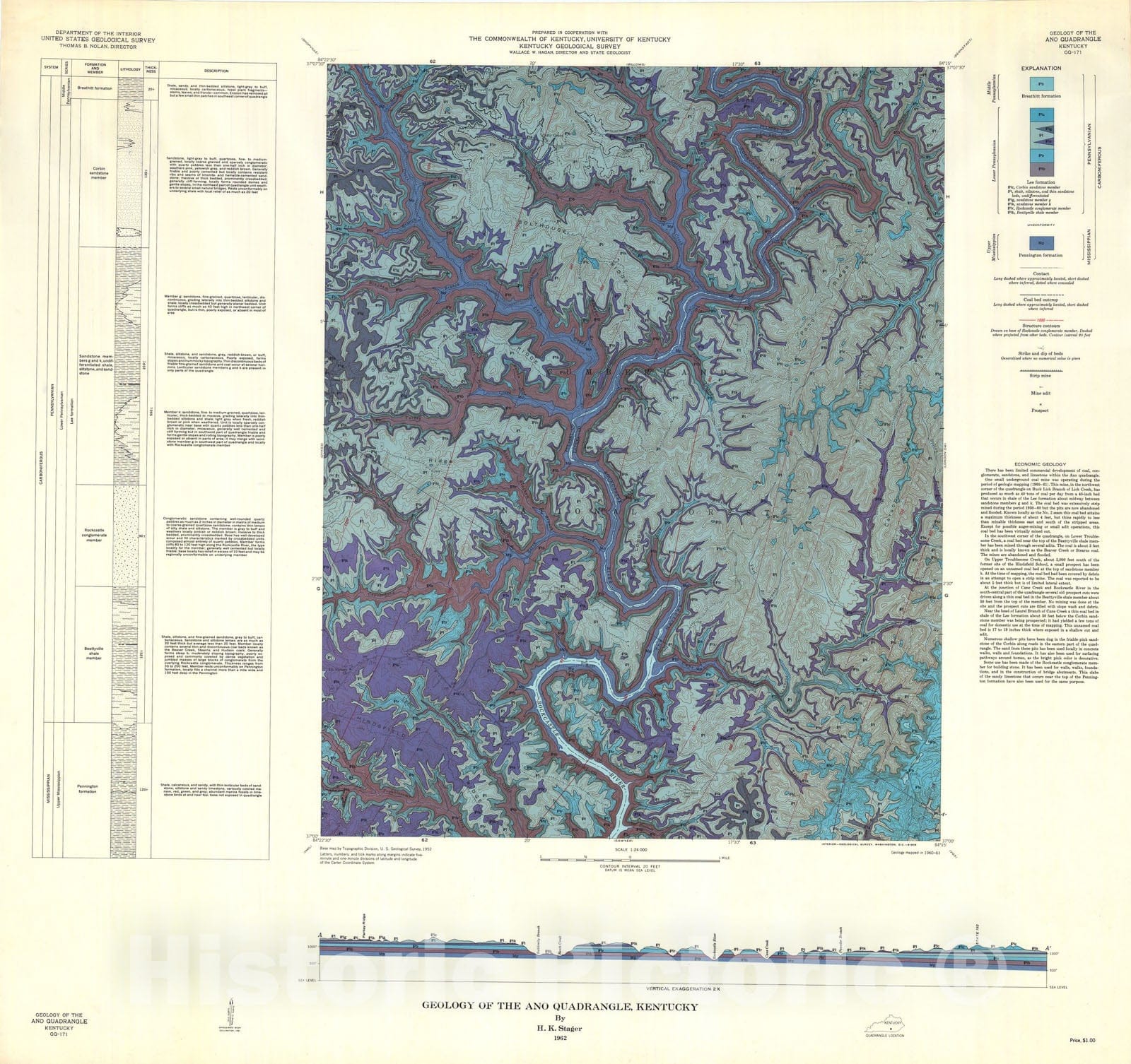 Map : Geology of the Ano quadrangle, Kentucky, 1962 Cartography Wall Art :