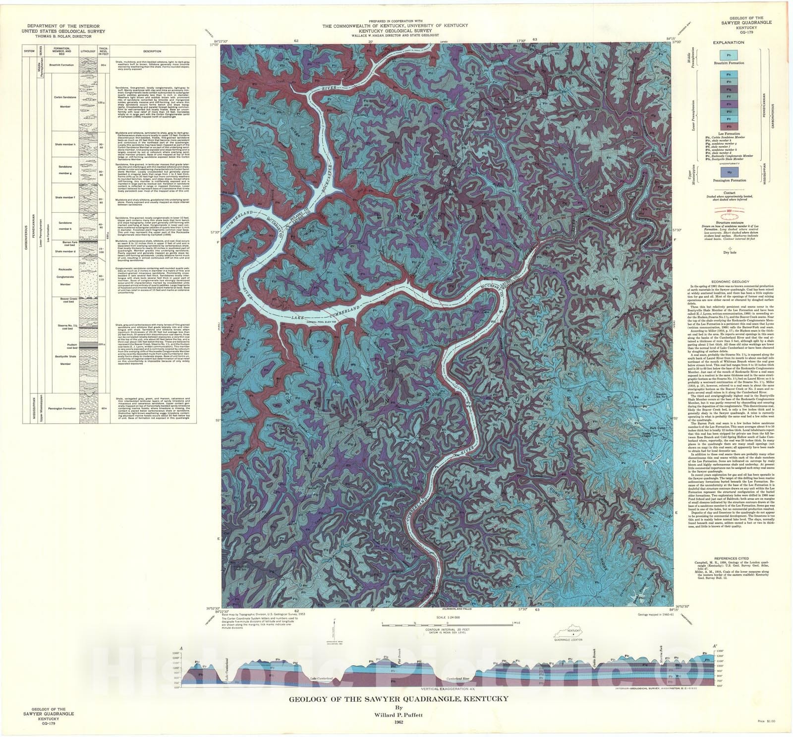 Map : Geology of the Sawyer quadrangle, Kentucky, 1962 Cartography Wall Art :