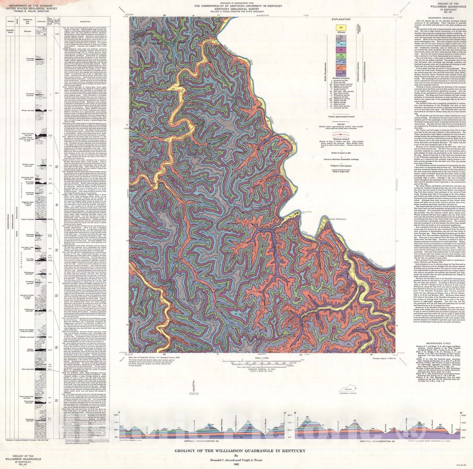 Map : Geology of the Williamson quadrangle in Kentucky, 1962 Cartography Wall Art :