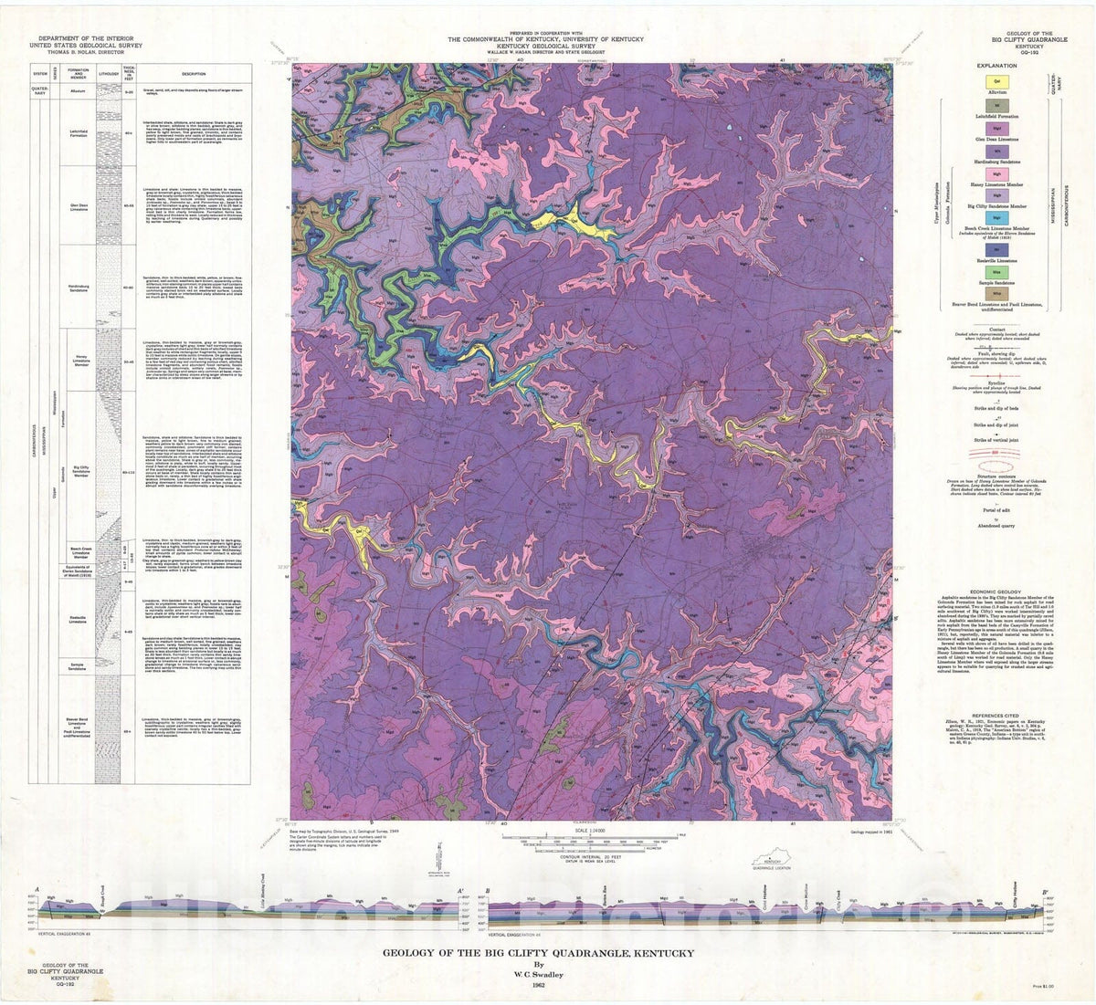 Map : Geology of the Big Clifty quadrangle, Kentucky, 1962 Cartography Wall Art :